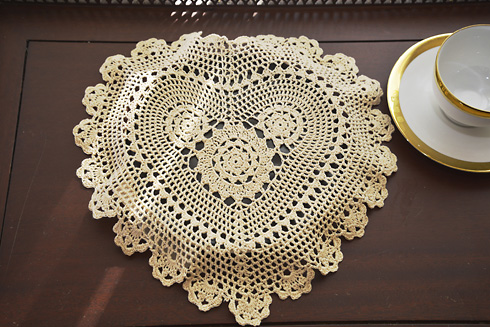 Wheat Color Heart Shape Crochet Lace Doily 13" Heart Shape.